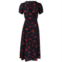 Plus Size Women Dress Cherry Print Short Sleeve Vintage French V-neck Midi Chiffon Summer Vestidos 2021 S-4XL Y0823