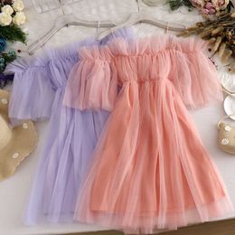 Sweet Fairy Off Shoulders Gauze Spliced Ruffles Dress Strapless Mesh Gauze Spliced Pleated Vintage Dress A-Line Vestidos 2020 Y0603