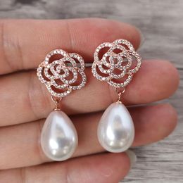 shell chandeliers Canada - Dangle & Chandelier 1 Pair Luxury Crystal Micro Pave CZ Zircon Flower Shape Shell Beads Earrings For Women Fashion Jewelry Gift ER1122