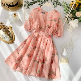 Neploe Chic Flower Pattern Slim Waist Dresses Women Summer Sexy V-neck Sweet Femme Vestidos Fresh Fashion New A-line Dress 210423