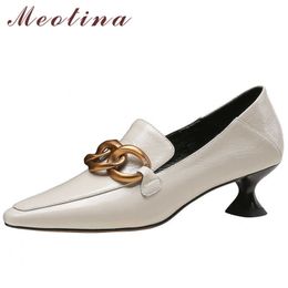 Meotina Square Toe Pumps Real Leather Woman Shoes Metal Decoration High Heels Strange Style Heel Ladies Footwear Spring Beige 40 210608