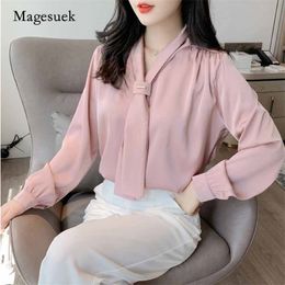 Loose V-neck OL Style Womens Tops and Blouses Office Lady Long Sleeve Shirt Women Satin Autumn Chiffon Clothes 10842 210518