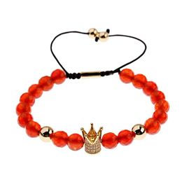 Luxury Men's And Women's Bracelets Natural Red Stone Gold Color Crown Shape Inlaid Zircon Copper Beads Adjustable Bracelet