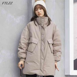 Winter Women 90% White Duck Down Coat Stand Collar Zipper Outwear Casual Loose Thick Warm Long Jacket 210430