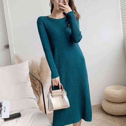 winter clothing women 2021 new with coat midi long solid Colour sweater dress bottoming inner knitted dress elegant Autumn female Y1204