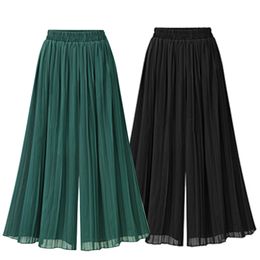 Summer European Style Pleated Women Wide Leg Pants Loose Chiffon Boho Female Length Pant Elastic Waist Trousers Plus Size 210319