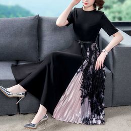 S-3XL Summer High Quality Women black Patchwork Print Pleated Dress Elegant party Dresses clothing Free belt 210529