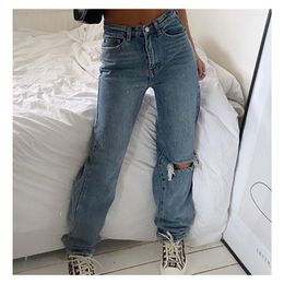 Denim Ripped Jeans For Women Cargo Pants Mom Jean High Waist Fashion Holes Thin 's Baggy Long trousers 210629