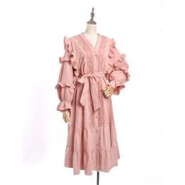 Autumn Korean Vintage Pink Apricot V-neck Lace Patchwork Ruffle Puff Long Sleeve Sash A-line Dress D2077 210514