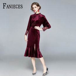 Runway Winter Evening Party Abito in velluto rosso Donna Manica lunga Abiti a sirena vintage Vestido femme robe 210520