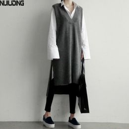 Knitted Vest Women Casual V Neck Sleeveless Autumn Winter Knitwear Tops High Waist Solid Mid-length Sweater Dress 210514