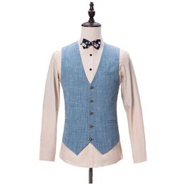 Men's Vests Cotton Linen For Men Sky Blue V Collar Casual Singal-breasted Gentleman Jacket Waistcoat Wedding Groom Costumes