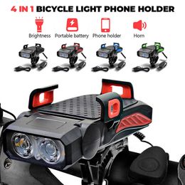 New 4 In 1 Bicycle Light Phone Holder Power Bank Horn Waterproof USB Rechargeable Bike Headlight Integrated Mobile Phone Bracket