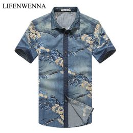 Summer Men's Denim Shirt Fashion Brand Print Short Sleeve Flower Shirts Men Casual Slim Fit Mens Cotton Shirt 4XL 5XL 210528