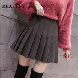 Autumn Winter Women Woollen Solid Pleated Skirts High Waist A-Line Sexy Mini Skater School Girls 210428