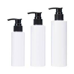 Refillable White Plastic Bottle Flat Shoulder PET Black Collar Lotion Press Pump Empty Cosmetic Portable Packaging Container 100ml 150ml 200ml