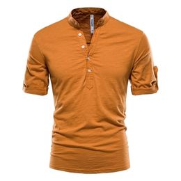AIOPESON Stand Collar T-Shirt Men Solid Colour 100% Cotton Middle Sleeve Men's T Shirts Summer Quality Casual Tee Shirt Male 210716