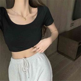 Summer Short Tight Solid color O collar Women Sleeve T-shirt Korean Female Sexy Tshirt Tops 210507