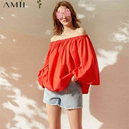 Minimalism Summer Women's Blouse Fashion Solid Slash Neck Loose Flare Sleeve Causal Shirt Tops 11930113 210527