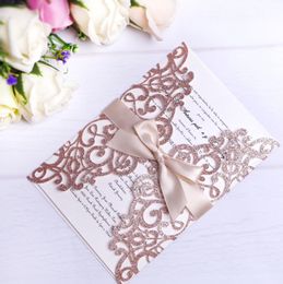 2021 Rose Gold Glitter Laser Cut Invitations Cards With Beige Ribbons For Wedding Bridal Shower Engagement Birthday Graduation