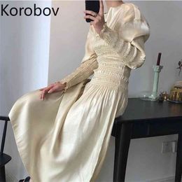 Korobov Retro Court Style Pleat Solid Temperament Party Dress High Waist Hip Slim A Line Vestido Spring Puff Long Sleeve Ropa 210430
