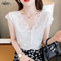 Summer V-Neck Hollow Lace Blouse Women Slim Short Tops Clothing Sexy Sleeveless White Shirt Blusas Mujer De Moda 14188 210521