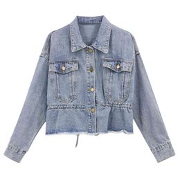 Women Blue Denim Jacket Pocket Drawstring Button Long Sleeves Turn Down Collar Loose Jean Korean Version C0207 210514