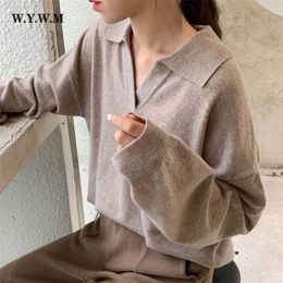 WYWM Autumn Thin Knitted Sweater Women Vintage Polo Collar Long Sleeve Streetwear Pullover Korean Casual V-neck Female Clothing 211103
