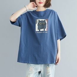 -Johnature Femmes Coton T-shirts T-shirts Femmes Tops Print Chats Mori Fille Japon Style Summer Casual 5 couleurs T-shirt 210521