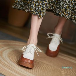 Dress Shoes Spring Genuine Leather Women Round Toe Lace-up Platform Casual Loafers Cross-tied Mixed Colour