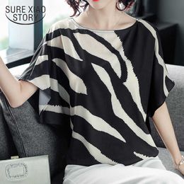 Summer Thin Round Neck Striped Irregular Women Blouse and Tops Korean Loose Short Sleeve Chiffon Blouse Blusas 9177 50 210527