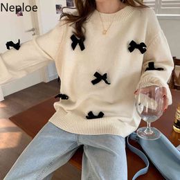 Neploe Sweet Bow Woman Sweaters Fall Women Clothes Korean Knitted Pullovers Tops O-neck Long Sleeve Loose Jumper Coat 4G671 210422