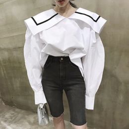 Spring Autumn Long Puff Sleeve White Sailor Collar Loose Free Size Blouse Korea Style Casual Women Shirt MG489 210510