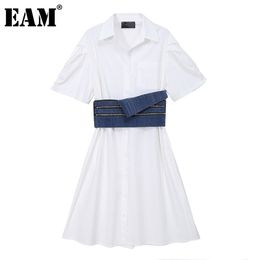 [EAM] Women White Ruffle Big Size Sashes Long Shirt Dress Lapel Short Sleeve Loose Fit Fashion Spring Summer 1DD7527 21512
