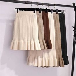 Lucyever Women High Waist Knitted Skirts Solid Elastic Mermaid Knitting Ribbed Female Autumn Winter Warm Mid-Long 211119