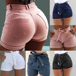 Plus Size Fashion Belted Denim Shorts Summer Women Skinny High Waist Jeans Lady Streetwear Hot Short Pants with Pockets Zipper 210323
