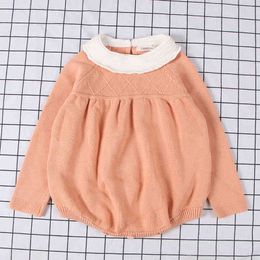 Autumn Winter Girl Long Sleeve Sweet Knitted Sweater Dress Girls Rompers For Kids Pure Colour 210429