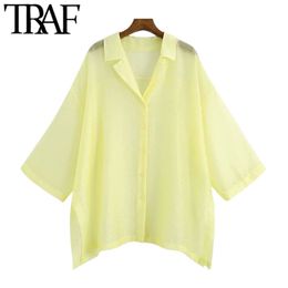 TRAF Women Sexy Fashion See Through Organza Loose Blouses Vintage Side Vents Button-up Female Shirts Chic Tops 210719