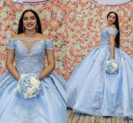 Bahama Blue Plus Size Quinceanera Dresses Prom Ball Gowns Off Shoulder 2022 Floral Applique Beaded Crystal Sweet 16 Dress Girls