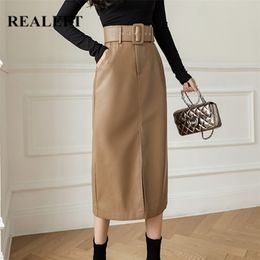 REALEFT Autumn Winter PU Faxu Leather Women's Mi-long Wrap Skirts with Belted High Waist Front Split Sheath Pencil Skirt Female 211120