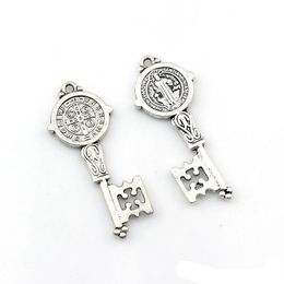 Benedict Medal Cross Key Charm Pendants For Jewelry Making Bracelet Necklace DIY Accessories 16.5x41mm Antique Silver 100Pcs A-580