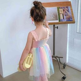 Girls Dress Rainbow Crumpled Mesh Suspender Princess Party Summer Fashion Baby Kids Children'S Clothing 210625