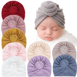 M412 Europe Fashion Baby Waffle Roll Ball Knitted Hat Pure Color Fetal Cap Children Indian Style Elastic Caps Beanie Knot Turban Hat