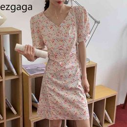 Ezgaga Korean Chic Puff Sleeve Floral Dress Women Summer New V-Neck Button Slim High Waist A-Line Lace-up Sweet Vestidos 210430