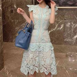 Summer Blue Lace Dress Woman Short Sleeve O-neck Patchwork Runway Design Vestido Party Mini Female 210603