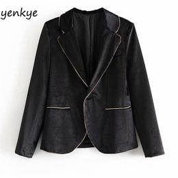 Women Vintage Black Velvet Blazer Long Sleeve Notched Collar Slim Office Suits Female Fashion Gold Trim Autumn Outerwear Tops 210514