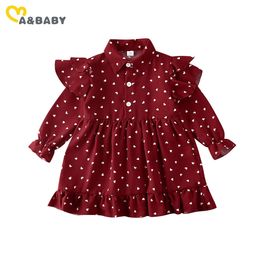 1-6Y Spring Summer Children Kid Girl Red Dress Long Sleeve Heart Print Ruffles Dresses For Girls Casual Outfits 210515