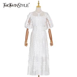TWOTWINSTYLE White Patchwork Appliques Dress For Women O Neck Petal Sleeve High Waist Sashes Bohemian Dresses Female 210517