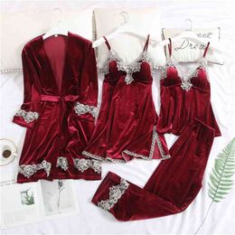 JULY'S SONG Women Velvet Pyjamas Set 4 Pieces Warm Sexy Lace Winter Sleepwear Sling Nightdress Homewear Plus Size Robe 210830