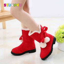 Children's Snow Boots Girls Boots Winter Bowknot Plus Cashmere Warm Baby Toddler Girls Princess Shoes Kids Cotton Boots 211108